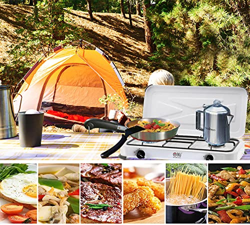 NJ-02 Camping Gas Stove - Portable 2 Burner Gas Hob LPG Cooker with Lid for Outdoor 3.4 kW (Propane 37mbar Screw-on)