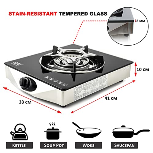 NJ NGB-S1 Indoor Portable Gas Stove - Single Burner Gas Hob Table Top Cooker LPG Cooker for Caravan Black Glass Freestanding Cooktop Camping Outdoor 4.2kW