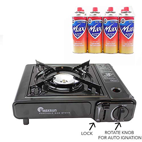 MAXSUN Camping Gas Stove, Cooker, Portable Outdoor Single Burner, Available with Camping Gas, Butane Canisters, Lightweight, Safe Perfect for Picnics BBQ with Bonus Bag (stove + 8 Butane gas)