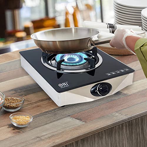 NJ NGB-S1 Indoor Portable Gas Stove - Single Burner Gas Hob Table Top Cooker LPG Cooker for Caravan Black Glass Freestanding Cooktop Camping Outdoor 4.2kW