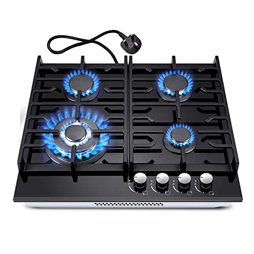 Gas Hob 4 burners, 60cm Black Glass Gas Hob, Built in Gas Cooktop with Cast Iron Supports, NG/LPG Convertible, Gas Hob Cooker with Flame Out Protection