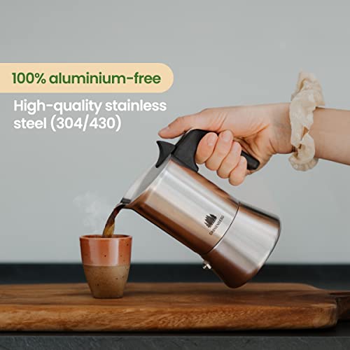Groenenberg Espresso Maker | Moka Pot Induction | 4-6 Cup stovetop Coffee Maker (200-300 ml) | Stainless Steel Italian Coffee Maker incl. Extra sealings & Manual (4 Cup, 200 ml)