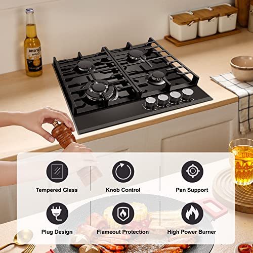 Gas Hob 4 burners, 60cm Black Glass Gas Hob, Built in Gas Cooktop with Cast Iron Supports, NG/LPG Convertible, Gas Hob Cooker with Flame Out Protection
