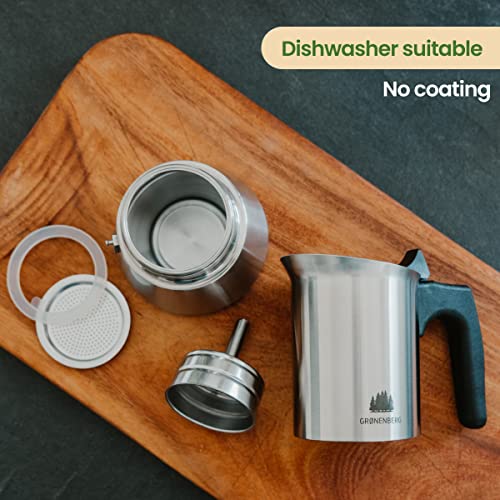 Groenenberg Espresso Maker | Moka Pot Induction | 4-6 Cup stovetop Coffee Maker (200-300 ml) | Stainless Steel Italian Coffee Maker incl. Extra sealings & Manual (4 Cup, 200 ml)