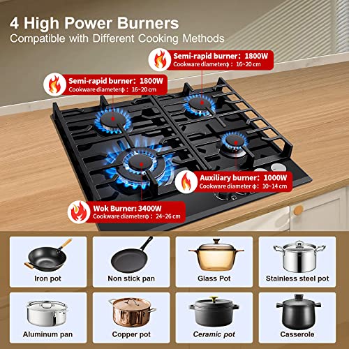 Gas Hob 4 burners, 60cm Black Glass Gas Hob, Built in Gas Cooktop with Cast Iron Supports, NG/LPG Convertible, Gas Hob Cooker with Flame Out Protection