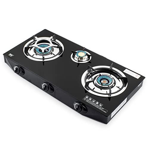 NJ NGB-S3 Indoor Gas Stove - 3 Burner Portable Gas Hob LPG Cooker Cooktop for Caravan Black Glass Freestanding Table Top for Home Kitchen Camping Garden Catering 7.8kW