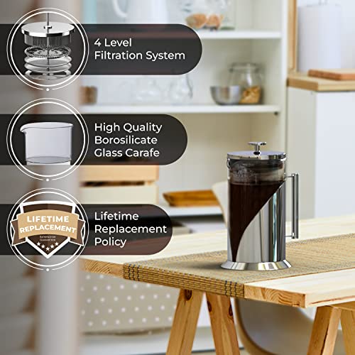 Cafe Du Chateau French Press Coffee Maker - Heat Resistant Glass with 4 Level Filtration System, Stainless Steel Housing - Brews Coffee and Tea - Large 34 Oz Carafe Coffee Presser