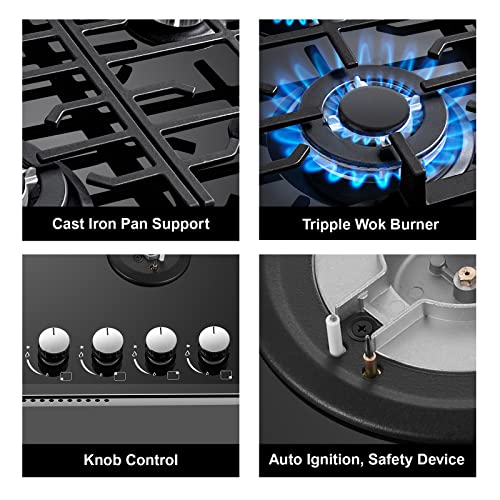 Gas Hob 4 burners, 60cm Black Glass Gas Hob, Built in Gas Cooktop with Cast Iron Supports, NG/LPG Convertible, Gas Hob Cooker with Flame Out Protection