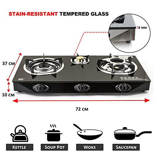 NJ NGB-S3 Indoor Gas Stove - 3 Burner Portable Gas Hob LPG Cooker Cooktop for Caravan Black Glass Freestanding Table Top for Home Kitchen Camping Garden Catering 7.8kW
