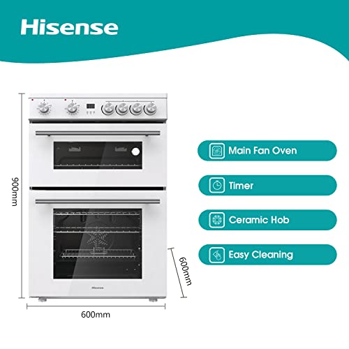 Hisense HDE3211BWUK 60cm Electric Cooker with Ceramic Hob-White A Rated Double Oven