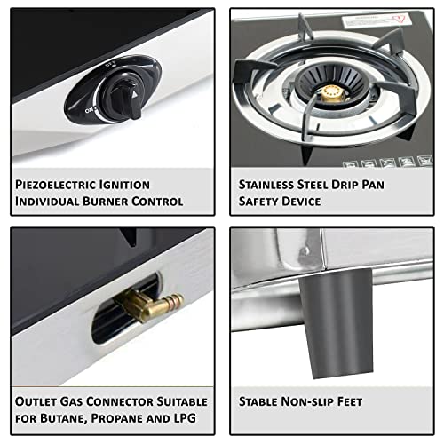 NJ NGB-S3 Indoor Gas Stove - 3 Burner Portable Gas Hob LPG Cooker Cooktop for Caravan Black Glass Freestanding Table Top for Home Kitchen Camping Garden Catering 7.8kW