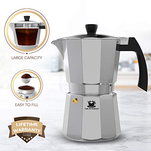 Cafe Du Chateau Espresso Maker - Stove Top Italian Coffee Maker with Transparent Top Lid, High Gloss Finish, Coffee Clip Spoon - 6 Cup Coffee Percolator and Moka Pot for Mocha Cappuccinos, Lattes