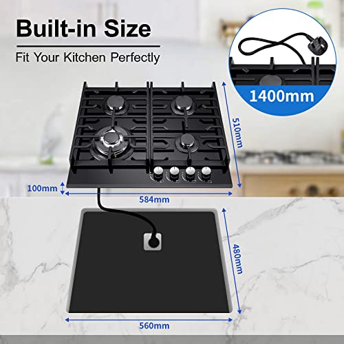 Gas Hob 4 burners, 60cm Black Glass Gas Hob, Built in Gas Cooktop with Cast Iron Supports, NG/LPG Convertible, Gas Hob Cooker with Flame Out Protection