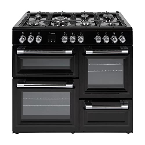 WILLOW WR100DFBLK Freestanding Dual Fuel Range Cooker, Multifunctional, 7 Burners, Wok Burner, 4 Cavities, Integrated Grill, Easy Clean (Black) [Energy Class A]