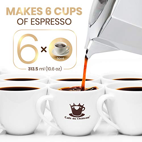 Cafe Du Chateau Espresso Maker - Stove Top Italian Coffee Maker with Transparent Top Lid, High Gloss Finish, Coffee Clip Spoon - 6 Cup Coffee Percolator and Moka Pot for Mocha Cappuccinos, Lattes