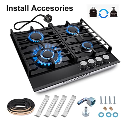 Gas Hob 4 burners, 60cm Black Glass Gas Hob, Built in Gas Cooktop with Cast Iron Supports, NG/LPG Convertible, Gas Hob Cooker with Flame Out Protection
