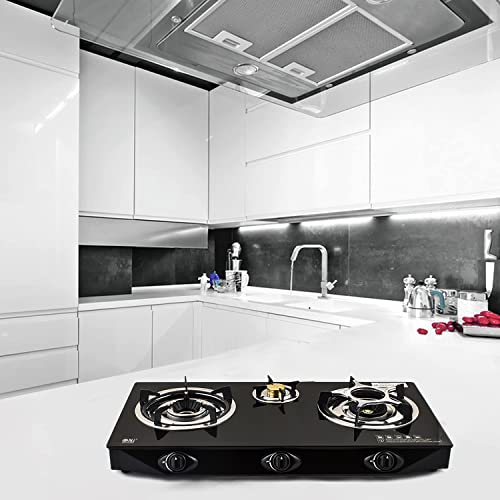 NJ NGB-S3 Indoor Gas Stove - 3 Burner Portable Gas Hob LPG Cooker Cooktop for Caravan Black Glass Freestanding Table Top for Home Kitchen Camping Garden Catering 7.8kW