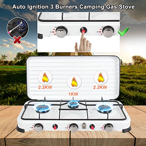 Camping Stove Gas Portable 3 Burners Camping Cooker 5.4KW, Auto Ignition 3 Heat Setting Outdoor Hiking Camp Stoves Windproof Lid Hose Regulator, Propane Butane Camp Gas Stove