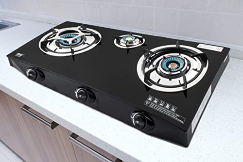 NJ NGB-S3 Indoor Gas Stove - 3 Burner Portable Gas Hob LPG Cooker Cooktop for Caravan Black Glass Freestanding Table Top for Home Kitchen Camping Garden Catering 7.8kW