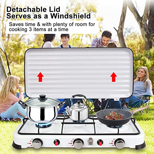Camping Stove Gas Portable 3 Burners Camping Cooker 5.4KW, Auto Ignition 3 Heat Setting Outdoor Hiking Camp Stoves Windproof Lid Hose Regulator, Propane Butane Camp Gas Stove