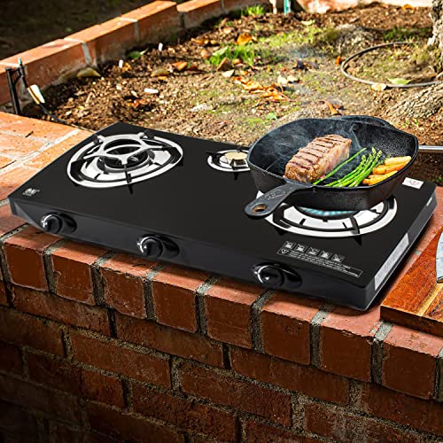 NJ NGB-S3 Indoor Gas Stove - 3 Burner Portable Gas Hob LPG Cooker Cooktop for Caravan Black Glass Freestanding Table Top for Home Kitchen Camping Garden Catering 7.8kW