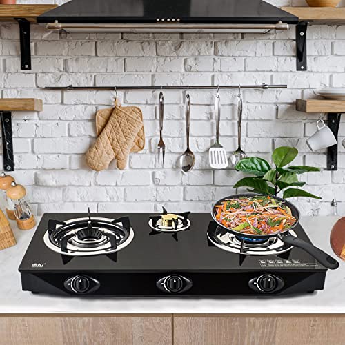 NJ NGB-S3 Indoor Gas Stove - 3 Burner Portable Gas Hob LPG Cooker Cooktop for Caravan Black Glass Freestanding Table Top for Home Kitchen Camping Garden Catering 7.8kW