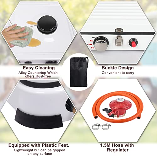 Camping Stove Gas Portable 3 Burners Camping Cooker 5.4KW, Auto Ignition 3 Heat Setting Outdoor Hiking Camp Stoves Windproof Lid Hose Regulator, Propane Butane Camp Gas Stove