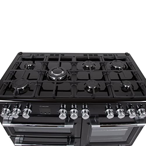 WILLOW WR100DFBLK Freestanding Dual Fuel Range Cooker, Multifunctional, 7 Burners, Wok Burner, 4 Cavities, Integrated Grill, Easy Clean (Black) [Energy Class A]