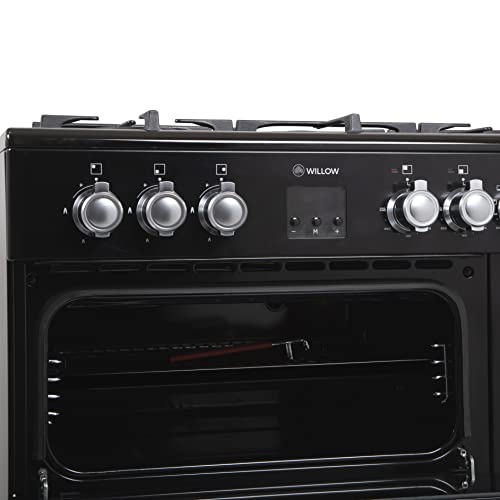 WILLOW WR100DFBLK Freestanding Dual Fuel Range Cooker, Multifunctional, 7 Burners, Wok Burner, 4 Cavities, Integrated Grill, Easy Clean (Black) [Energy Class A]