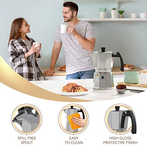Cafe Du Chateau Espresso Maker - Stove Top Italian Coffee Maker with Transparent Top Lid, High Gloss Finish, Coffee Clip Spoon - 6 Cup Coffee Percolator and Moka Pot for Mocha Cappuccinos, Lattes