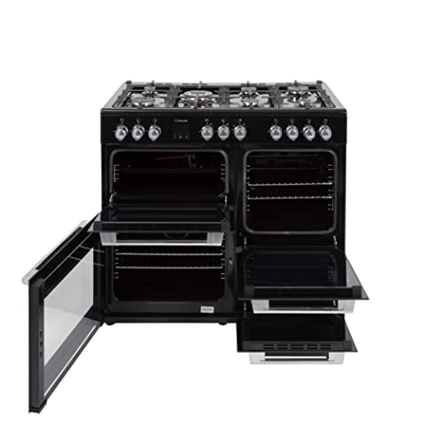 WILLOW WR100DFBLK Freestanding Dual Fuel Range Cooker, Multifunctional, 7 Burners, Wok Burner, 4 Cavities, Integrated Grill, Easy Clean (Black) [Energy Class A]