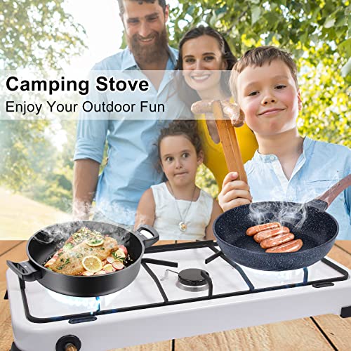 Camping Stove Gas Portable 3 Burners Camping Cooker 5.4KW, Auto Ignition 3 Heat Setting Outdoor Hiking Camp Stoves Windproof Lid Hose Regulator, Propane Butane Camp Gas Stove