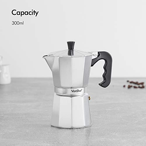 VonShef Stovetop Coffee Maker, 6 Cup Aluminium Italian Espresso Maker, 300ml Gas & Electric Stove Top Moka Pot with Replacement Gasket & Filter
