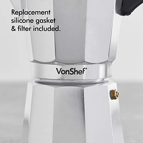 VonShef Stovetop Coffee Maker, 6 Cup Aluminium Italian Espresso Maker, 300ml Gas & Electric Stove Top Moka Pot with Replacement Gasket & Filter