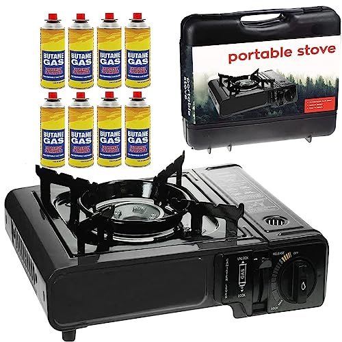 GREEN HAVEN Black Portable Camping Stove with Cary Case & 8 Butane Gas | Premium Camping Gas Stove |EN417 Compliant Camping Stove Gas Portable |Gas Camping Stove with Automatic Ignition & Heat Control