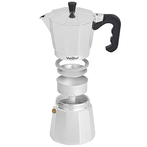 VonShef Stovetop Coffee Maker, 6 Cup Aluminium Italian Espresso Maker, 300ml Gas & Electric Stove Top Moka Pot with Replacement Gasket & Filter