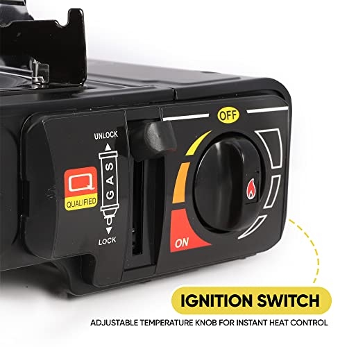 ASAB Portable Camping Gas Cooker Single Burner Stove Automatic Ignition System Enamel Pan Holder Butane BBQ Carry Bag Caravan Outdoor - Black Stove + 4 Canisters