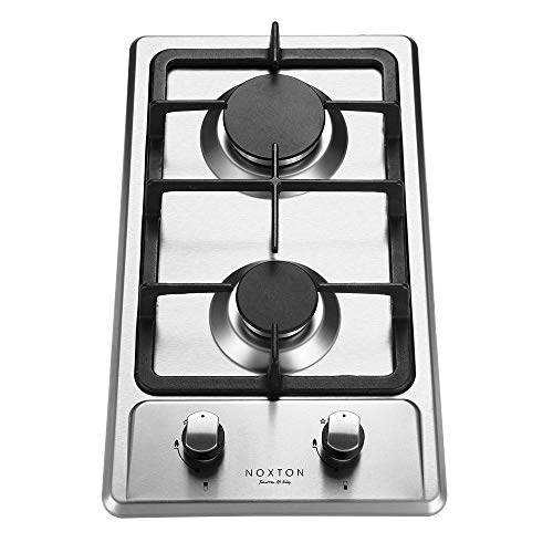 NOXTON Gas Hob 2 Burner, Built-in Gas Cooker Plug & Go, Stainless Steel Easy to Clean, Cast Iron Pan Support, Flame Out Protection Prevent Gas Leakage, LPG/NG Kit