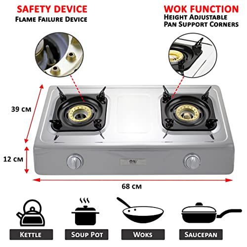 NJ NSD-2 Indoor Gas Stove - 2 Burner Portable Gas Hob LPG Cooker Caravan Cooktop Stainless Steel Freestanding Table Top for Home Kitchen Camping Garden Catering 7.2kW