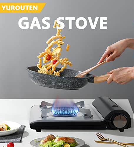 YUROUTEN Camping Stove Portable Gas Cookers Outdoor Butane Burner Mobile Kitchen Gas Stove Small Camp Cooker Windproof BBQ Gas Burner Cooking Set Adjustable Heat Control Picnic Stove with Carry Case