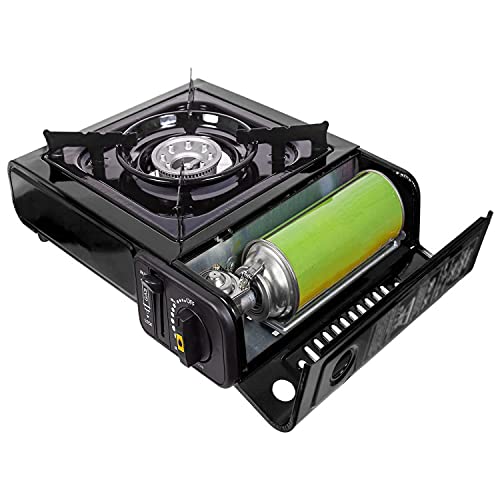 GREEN HAVEN Black Portable Camping Stove with Cary Case & 8 Butane Gas | Premium Camping Gas Stove |EN417 Compliant Camping Stove Gas Portable |Gas Camping Stove with Automatic Ignition & Heat Control