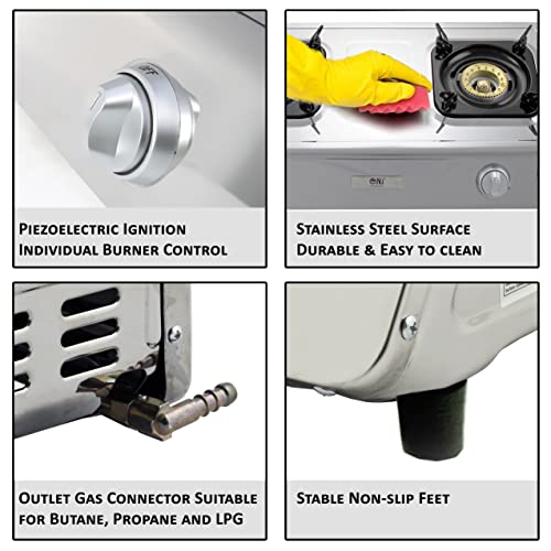 NJ NSD-2 Indoor Gas Stove - 2 Burner Portable Gas Hob LPG Cooker Caravan Cooktop Stainless Steel Freestanding Table Top for Home Kitchen Camping Garden Catering 7.2kW