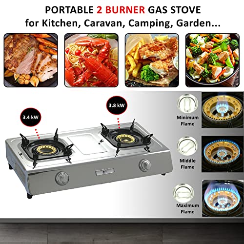 NJ NSD-2 Indoor Gas Stove - 2 Burner Portable Gas Hob LPG Cooker Caravan Cooktop Stainless Steel Freestanding Table Top for Home Kitchen Camping Garden Catering 7.2kW