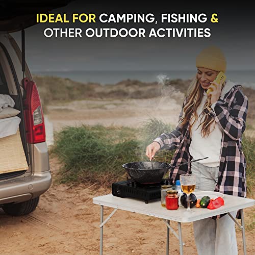 ASAB Portable Camping Gas Cooker Single Burner Stove Automatic Ignition System Enamel Pan Holder Butane BBQ Carry Bag Caravan Outdoor - Black Stove + 4 Canisters