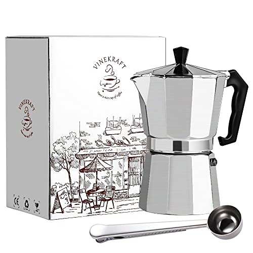 VINEKRAFT Moka Pot, 6 Cup/300ml Italian Coffee Maker, Aluminium Stovetop Coffee Maker Espresso Maker with a Coffee Clip Spoon