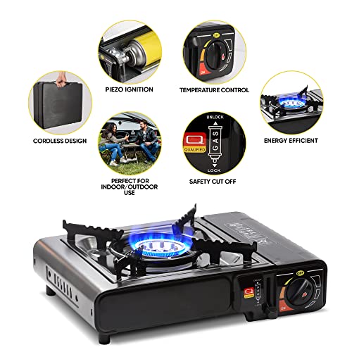 ASAB Portable Camping Gas Cooker Single Burner Stove Automatic Ignition System Enamel Pan Holder Butane BBQ Carry Bag Caravan Outdoor - Black Stove + 4 Canisters