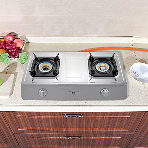 NJ NSD-2 Indoor Gas Stove - 2 Burner Portable Gas Hob LPG Cooker Caravan Cooktop Stainless Steel Freestanding Table Top for Home Kitchen Camping Garden Catering 7.2kW