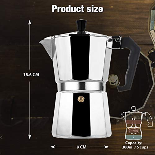 VINEKRAFT Moka Pot, 6 Cup/300ml Italian Coffee Maker, Aluminium Stovetop Coffee Maker Espresso Maker with a Coffee Clip Spoon