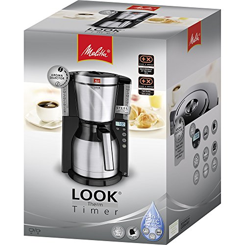 Melitta 6738044 Filter Coffee Machine with Insulated Jug, Timer Feature, Aroma Selector, Look Therm Timer Model, Black/Brushed Steel, 1011-16