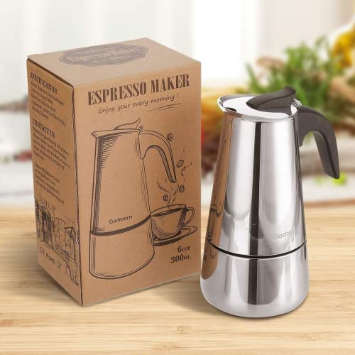 Godmorn Stovetop Espresso Maker, Italian Coffee Maker Moka Pot, 450ml/9 Cup (Espresso Cup=50ml), 430 Stainless Steel Classic Cafe Maker, Suitable for Induction Hob